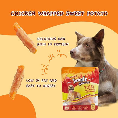 Jungle Calling Dog Treats, Skinless Chicken Wrapped Sweet Potato, Gluten and Grain Free, Chewy Dog Bites for Balanced Nutrition, 6 oz