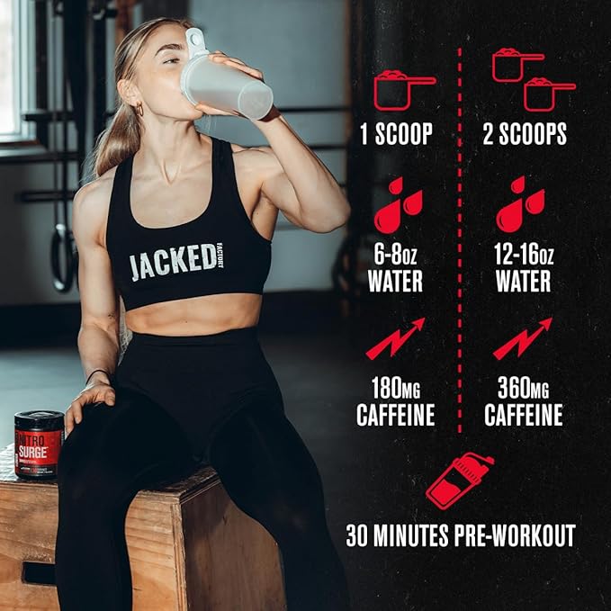 Jacked Factory NITROSURGE Shred Pre Workout Supplement - Energy Booster, Instant Strength Gains, Sharp Focus, Powerful Pumps - Nitric Oxide Booster & PreWorkout Powder - 30Sv, Blueberry Lemonade