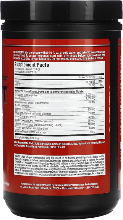MuscleMeds Nitrotest Pre-Workout Supplement Drink, Boost Nitric Oxide, Testosterone, Blue Raspberry, 30 Serving, 1.04 Pound, 1 Count