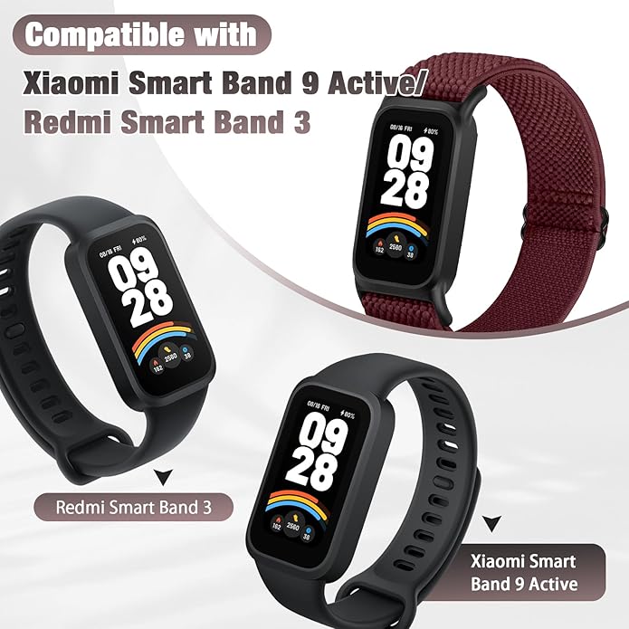 2 Pack Elastic Bands Compatible with Xiaomi Smart Band 9 Active Women Men, Soft Nylon Replacement Sport Wriststrap for Redmi Band 3