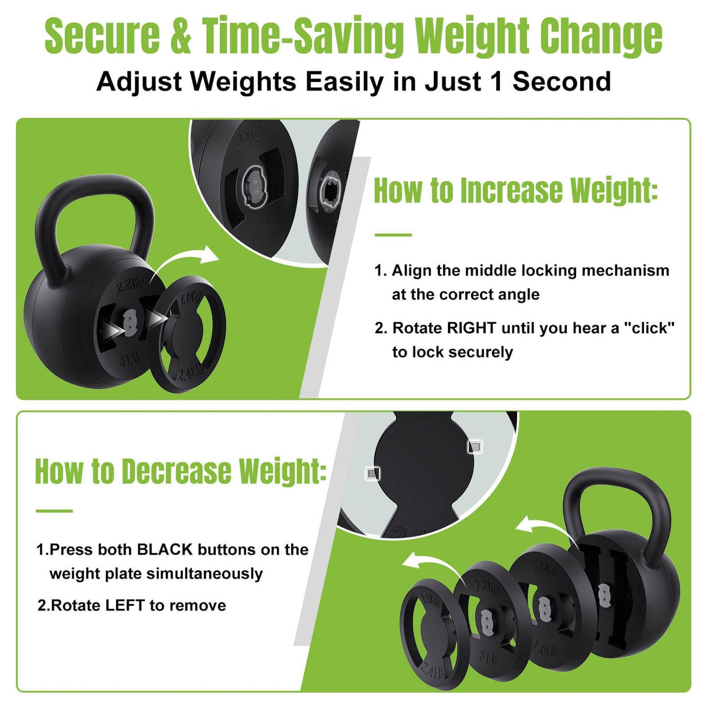 Hezeyferg 2-in-1 Adjustable Kettlebell, 15-45 LB Kettlebells Weight Set with Wide Grip, 4.8-30 LB