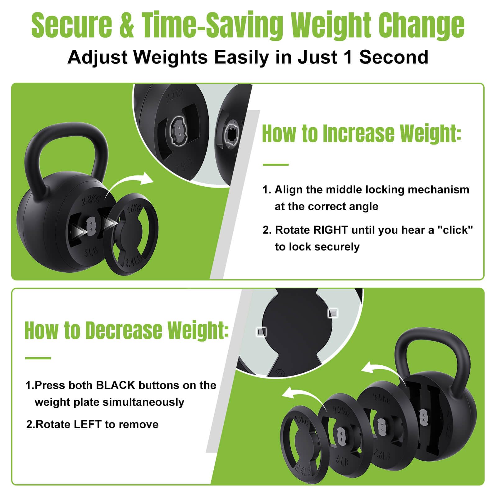 Hezeyferg 2-in-1 Adjustable Kettlebell, 15-45 LB Kettlebells Weight Set with Wide Grip, 4.8-30 LB
