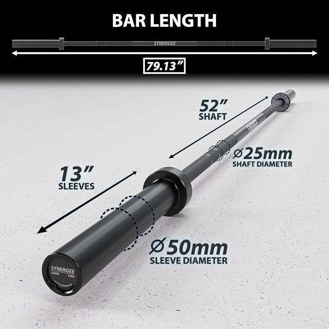 Synergee Games 15kg and 20kg Colored Ceramic Coated Barbells. Rated 1500lbs for Weightlifting and Powerlifting. Black, Red, Grey, Pink