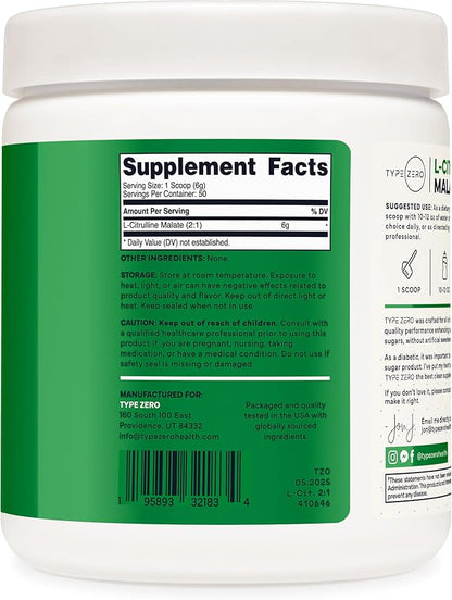 Type Zero L-Citrulline Malate Powder 2:1 6X (300g | 6000mg Per Serving | Unflavored) Ultra Clean L Citrulline, Nitric Oxide Booster, Pre Workout - Nitrous Oxide Vasodilator Supplement