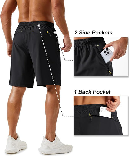 TACVASEN Men's Running Athletic Shorts 9" Quick Dry Workout Gym Shorts Lightweight Summer Shorts 3 Zipper Pockets