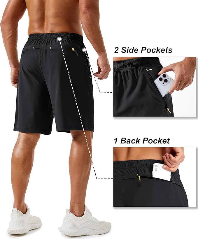 TACVASEN Men's Running Athletic Shorts 9" Quick Dry Workout Gym Shorts Lightweight Summer Shorts 3 Zipper Pockets