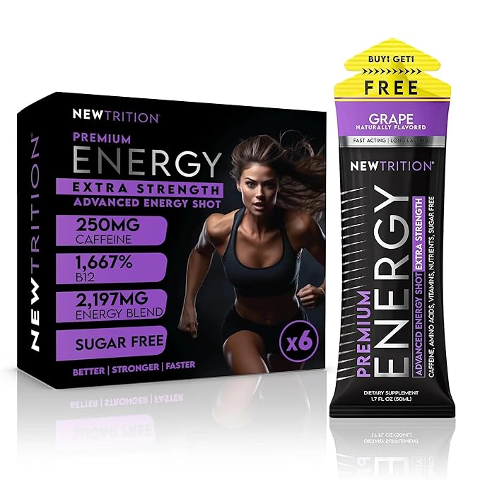 NewTrition® Extra Strength Energy Shots, 250mg Caffeine Energy Shots with Vitamin B & Amino Acids, Sugar-Free Vitamin Energy Shot, 1.7 fl oz (Pack of 6, Grape)