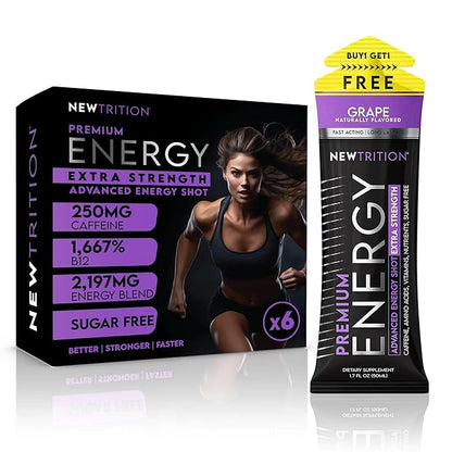 NewTrition® Extra Strength Energy Shots, 250mg Caffeine Energy Shots with Vitamin B & Amino Acids, Sugar-Free Vitamin Energy Shot, 1.7 fl oz (Pack of 6, Grape)