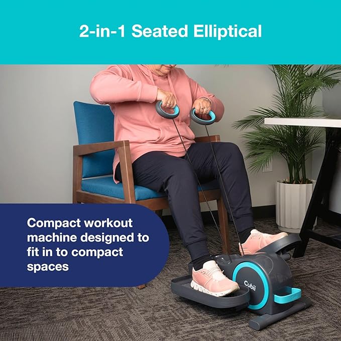 Cubii Total Body - Under Desk Seated Elliptical Pedal Exerciser with Built in Upper Body Resistance Bands, 12 Levels of Resistance, LCD Display, Whisper Quiet - Adult to Seniors