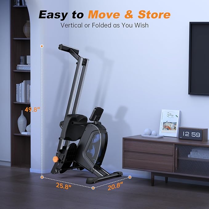 Magnetic Rowing Machine for Home Use, Foldable Rower with 32 Levels of Silent Resistance, LED Light Effects, Compact Dual Slide Rail, Max 350lb Capacity, Bluetooth & App Compatible