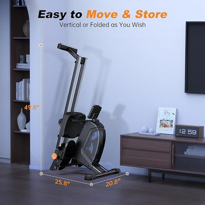 Magnetic Rowing Machine for Home Use, Foldable Rower with 32 Levels of Silent Resistance, LED Light Effects, Compact Dual Slide Rail, Max 350lb Capacity, Bluetooth & App Compatible