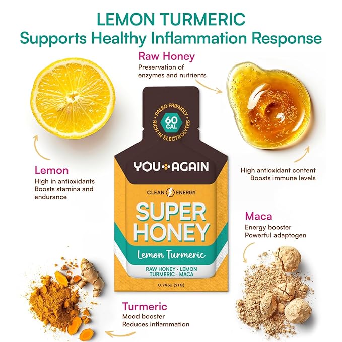 You Again Super Honey Lemon Turmeric Packets | Workout Clean Energy Gel Packs | Cycling, Endurance, Running Gel or Energy Snack | Paleo & Carnivore Snack | Gluten-Free | Made in USA | 8 Count