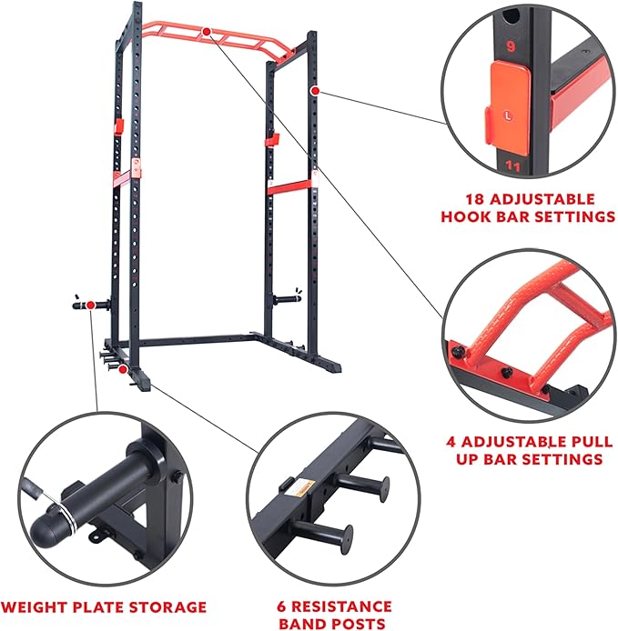 Sunny Health & Fitness Power Zone Strength Rack Power Cage - 1000 LB Weight Capacity, Spotter Bar, Angled Pull-Up Bar, J-Hooks, Resistance Band Pins, Optional LAT Pull Down