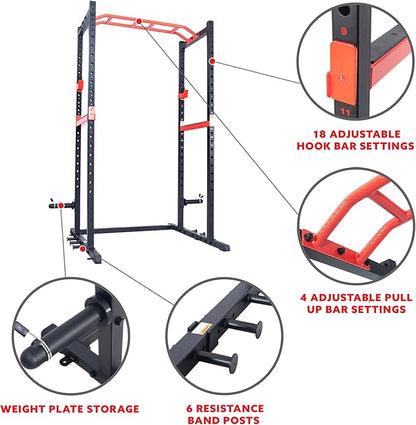 Sunny Health & Fitness Power Zone Strength Rack Power Cage - 1000 LB Weight Capacity, Spotter Bar, Angled Pull-Up Bar, J-Hooks, Resistance Band Pins, Optional LAT Pull Down