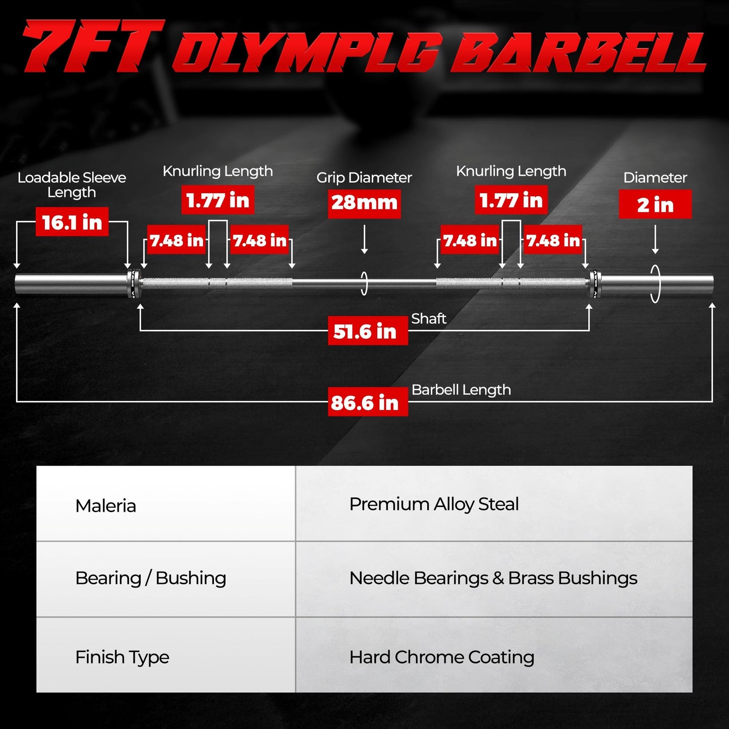 JELENS 7FT Bar Olympic Barbell, 1000lb Capacity Weight Bar for Strength Training, 2 Inch Strength