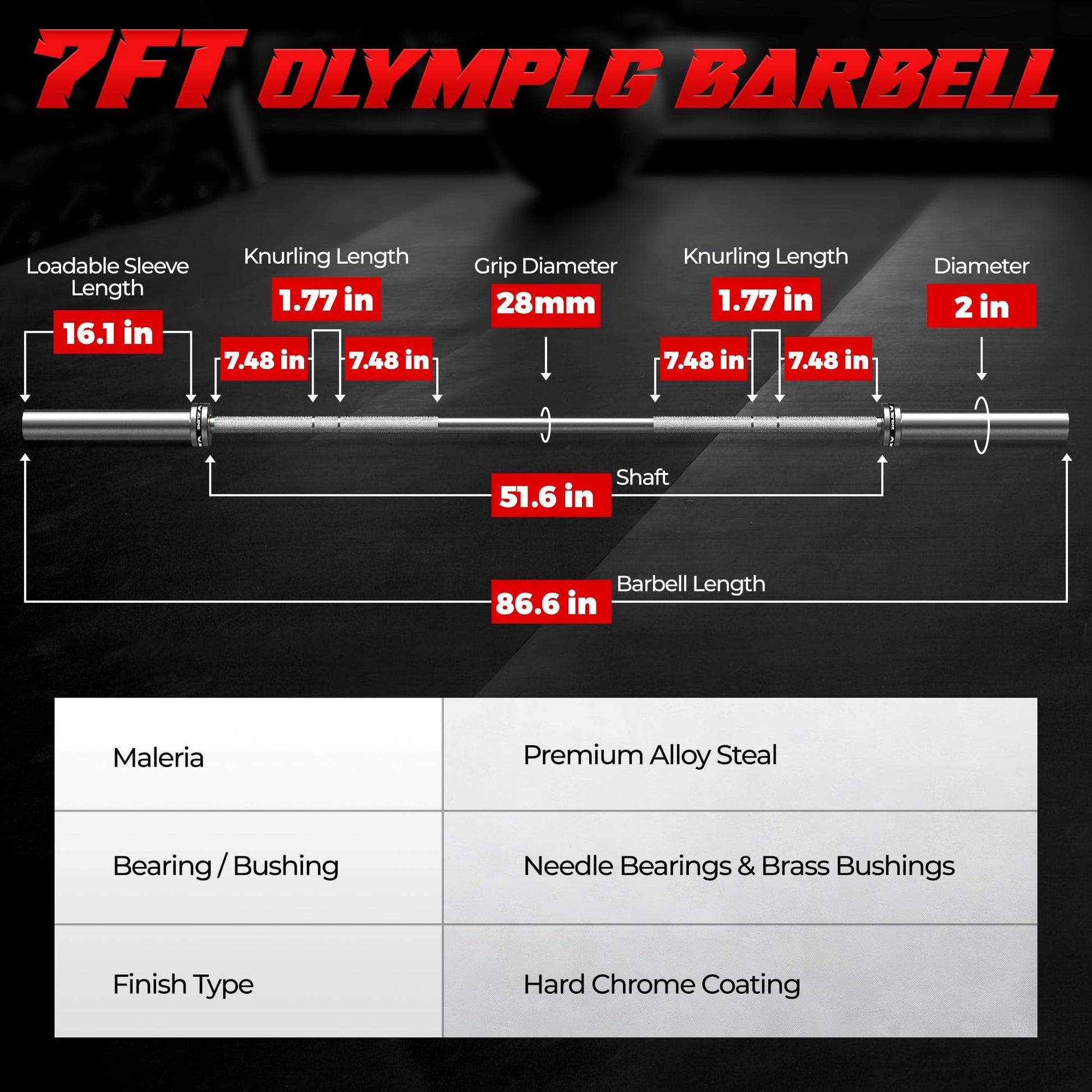 JELENS 7FT Bar Olympic Barbell, 1000lb Capacity Weight Bar for Strength Training, 2 Inch Strength