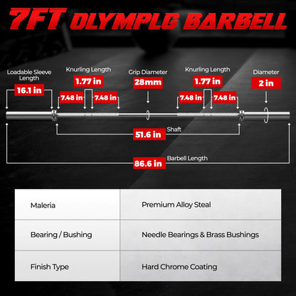 JELENS 7FT Bar Olympic Barbell, 1000lb Capacity Weight Bar for Strength Training, 2 Inch Strength