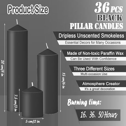36 Pcs Black Pillar Candles Bulk Set，Hurricane Candlesï¼? Different Lengths (6 Each)，Dripless Unscented Smokeless，Gives You a Better Atmosphere When Organizing Wedding or Event Party.