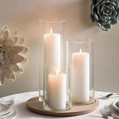24 Pcs White Pillar Candles with Glass Candle Holder Hurricane Glass Candle Holders Clear Cylinder Vases for Centerpieces Wedding Office Party Home Table Decor