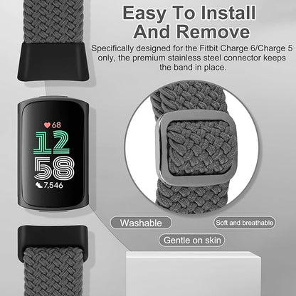 Braided Band Compatible with Fitbit Charge 6/Fitbit Charge 5, Soft Nylon Solo Loop Adjustable Replacement Wristband for Women Men