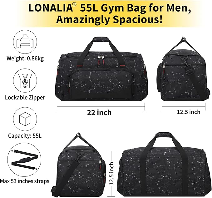 55L Large Gym Duffle Bag for Men - 22 inch Men's Sports Bag Heavy Duty Duffel Bag（Marble Black)