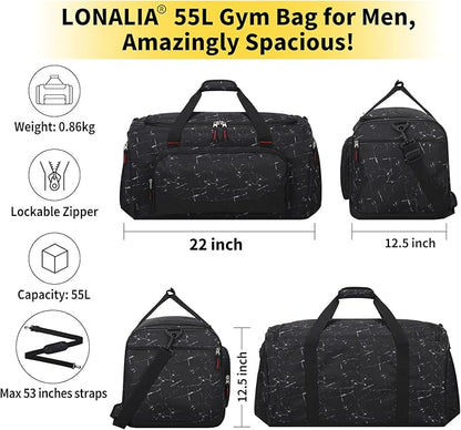 55L Large Gym Duffle Bag for Men - 22 inch Men's Sports Bag Heavy Duty Duffel Bag（Marble Black)