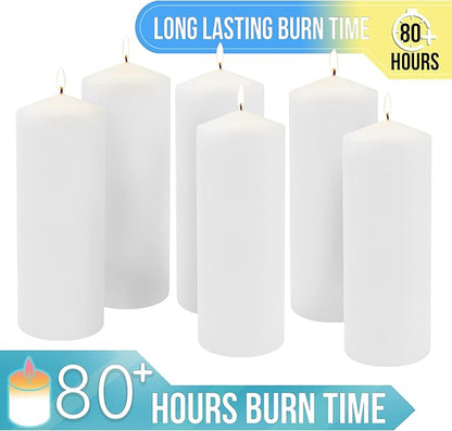 Stonebriar Unscented White Tall Pillar Candles, 80 Hour Burning Candle Pillars, Perfect for Decor, Weddings, Emergencies 3" X 8", 6 count