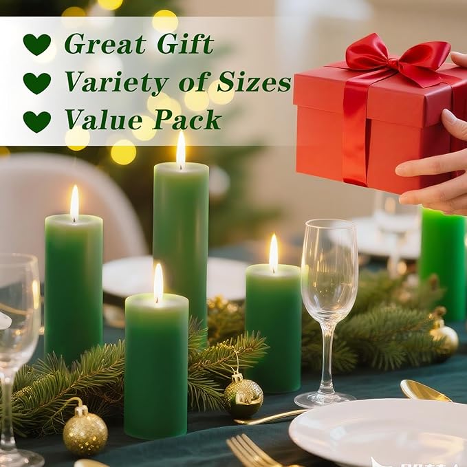 18 Pcs Green Pillar Candles Bulk Set，Hurricane Candlesï¼? Different Lengths (6 Each)，Dripless Unscented Smokeless，Gives You a Better Atmosphere When Organizing Wedding or Event Party.