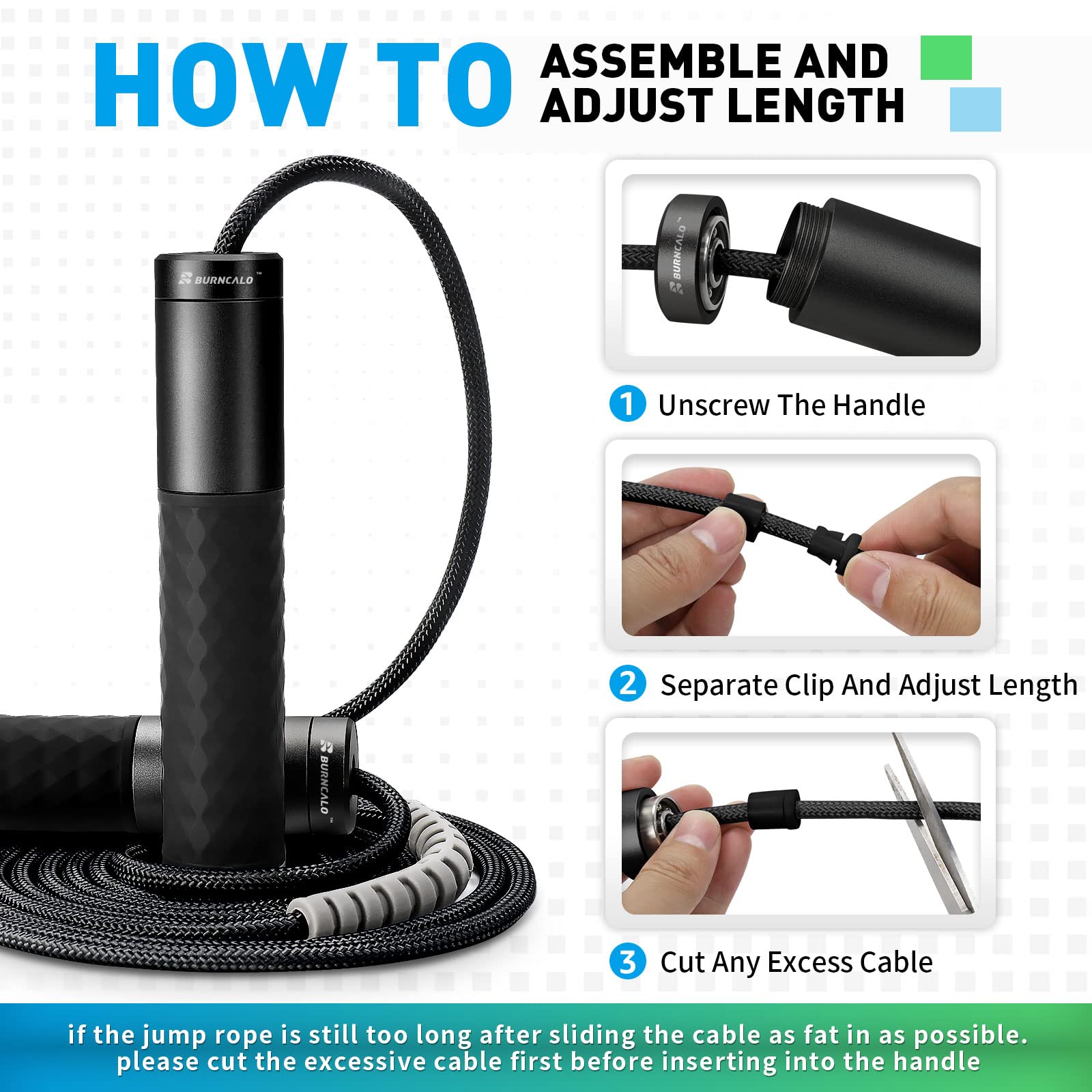 BURNCALO Weighted Jump Rope for Fitness, Skipping Rope for Men Women, Metal Heavy Handles, Ball