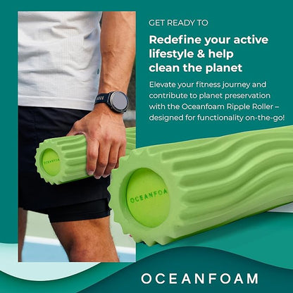 Oceanfoam Ripple Travel Foam Roller (11" x 3.35") Firm Mini Foam Roller for Physical Therapy, Deep Tissue Massage, Back Pain - High Density, Ergonomic Wave Textured - Yoga, Exercise (Algae Green)