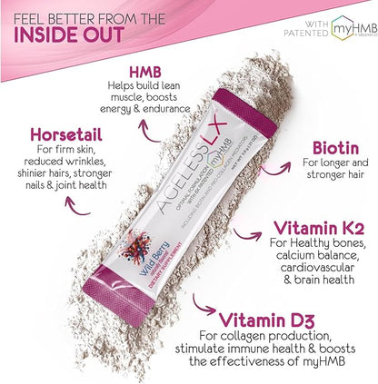 Powder Supplement for Women - with HMB Collagen Enhancer Plus Vitamin D3 with K2, Horsetail and Biotin for Lean Muscle and Stronger Hair and Nails - 30 Powder Packets, Wild Berry