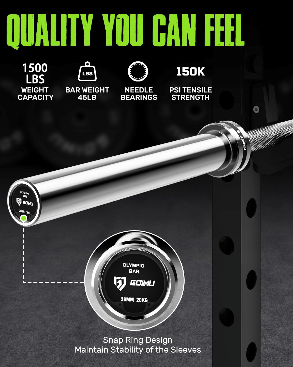 GOIMU PB01 7FT Olympic Barbell, Weight Bar with Knurled Grip, 1500LB