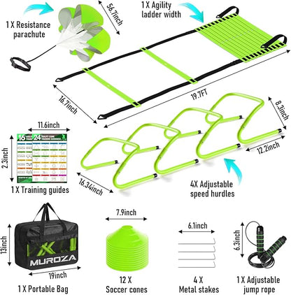 Agility Ladder, Speed Training Equipment Set, 20ft Agility Ladder, 12 Soccer Cones, 4 Hurdles, Jump Rope, Running Parachute, Basketball Football Soccer Training Equipment for Kids, Youth, Adults