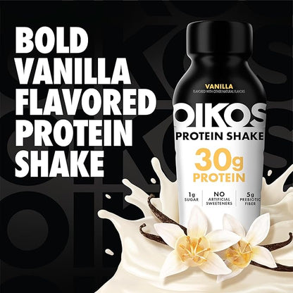 Oikos Protein Shake, Vanilla, 30g High Protein Drinks, Shelf Stable, Ready to Drink, 5g Prebiotic Fiber, 12 fl oz Bottle, 4 Count