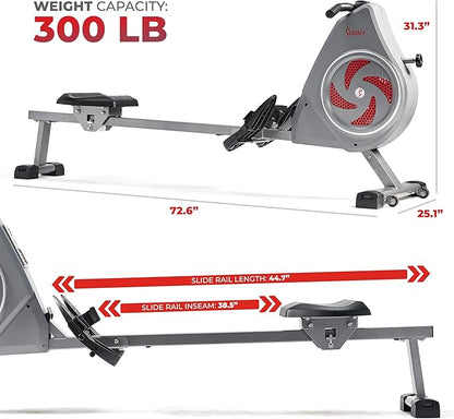 Sunny Health & Fitness Rower w/Long Slide Rail, Cardio Rowing Equipment for Home Gym Training w/LCD Monitor & Device Holder, Optional Free SunnyFit App Bluetooth Connection