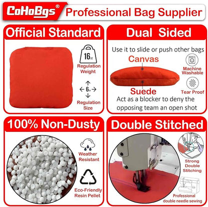 CoHoBgs Corn Hole Bags Set 8, Professional Cornhole Bags Dual-Sided Slick & Stick Resin Filled Suede and Duck Canvas Bean Bag for Cornhole Game Includes Carry Case