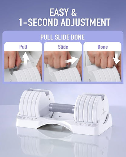 Adjustable Dumbbell – 12.5/25lb Single Unit OR Set of 2 – 5-in-1 Adjustable Weight for Home Gym, Strength Training & Fitness Workouts, White OR Black