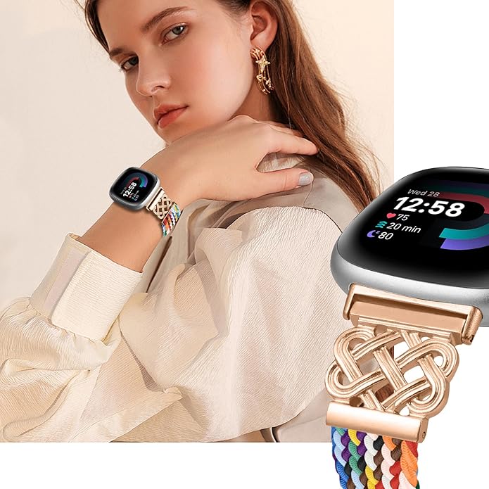 Braided Band Compatible with Fitbit Versa 4 Bands for Woman/Versa 3/Sense 1/Sense 2 Band, Magnetic Clasp Fabric Nylon with Designer Interlock Buckle Straps for Fitbit Versa4/3/Sense1/2
