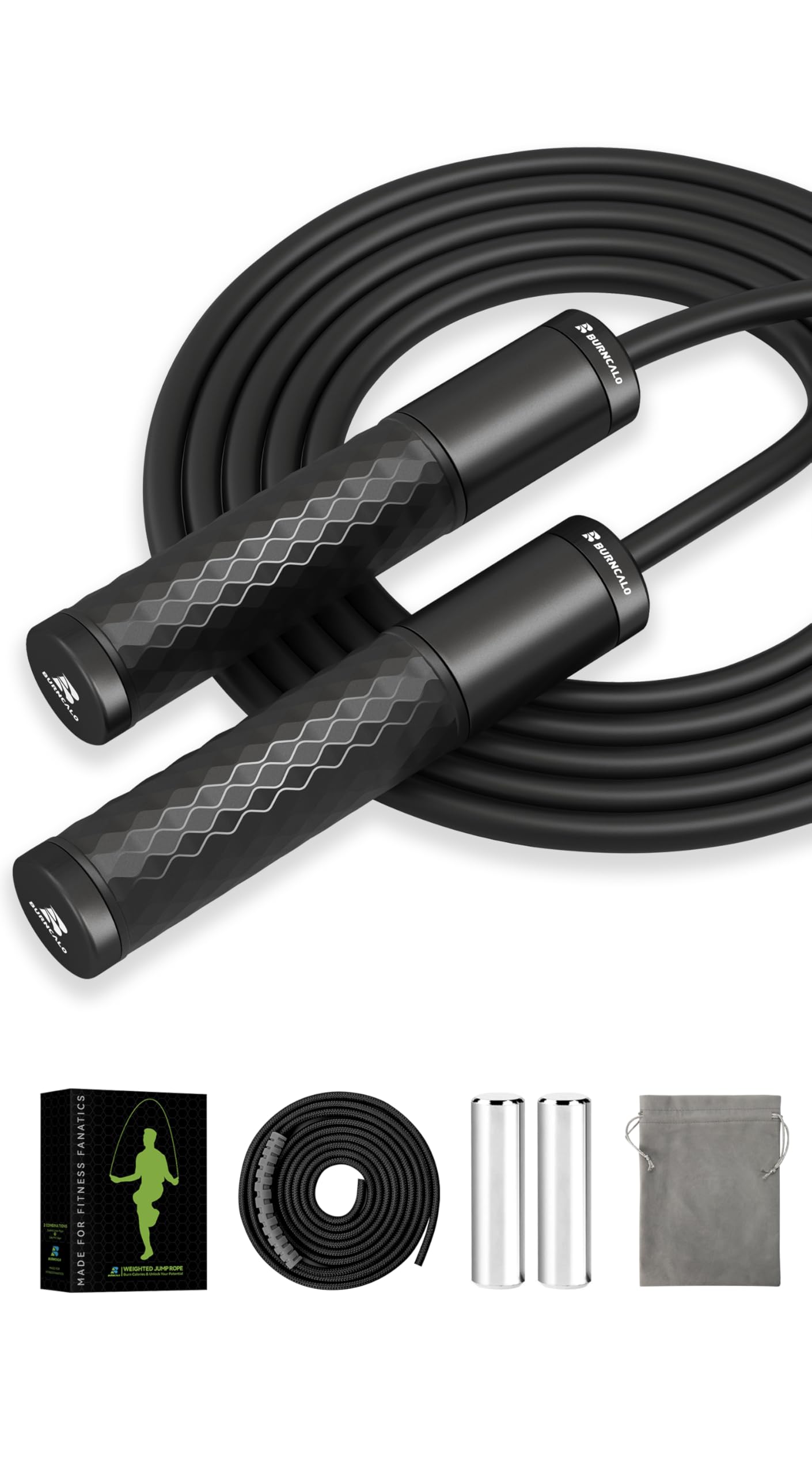 BURNCALO Weighted Jump Rope for Fitness, Skipping Rope for Men Women, Metal Heavy Handles, Ball