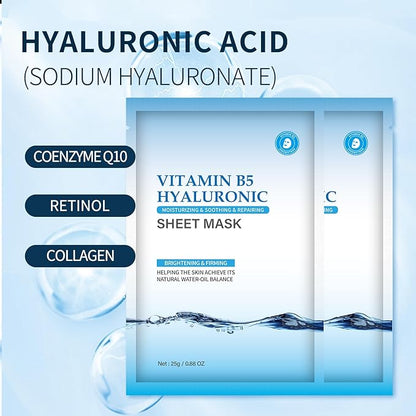 Moisturizing Face Mask Hydrating Face Mask Skin Care Facial Masks Sheets Hyaluronic Acid Sheet Pack With Vitamin B5 Sheet Masks for Women Face Masks Beauty Sheet Masks Hydration 10 Packs