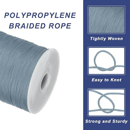 MECCANIXITY 1/16 Inch Polypropylene Rope Braided Ropes, 328ft Nylon Rope Hollow Utility Cord for Clothesline, Camping, Hiking, Outdoor, Light Grey