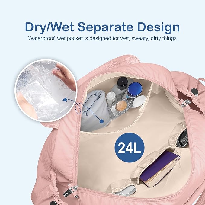 TOPDesign Travel Duffel Bag for Women, Puffer Gym Bag Sports Tote with Wet Pocket, Carry On Weekender with Luggage Sleeve (Pink)