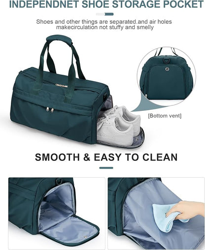 Gym Bag for Women Men, Sport Duffel Bag with Toiletry Bag & Shoe Compartment,Waterproof Travel Weekender Overnight Carry on Bag for Yoga with Trolley Sleeve, Peacock Blue Set