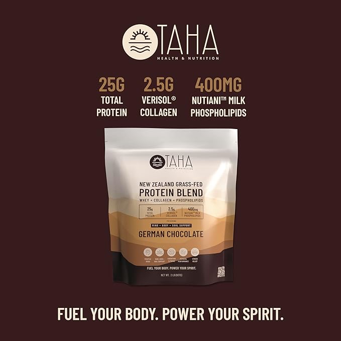 Taha Health & Nutrition Mind + Body Protein Blend ??German Chocolate | 25g Protein from Whey & Collagen + 400mg Milk Phospholipids | Grass-Fed, Free-Range New Zealand Dairy | 2LB