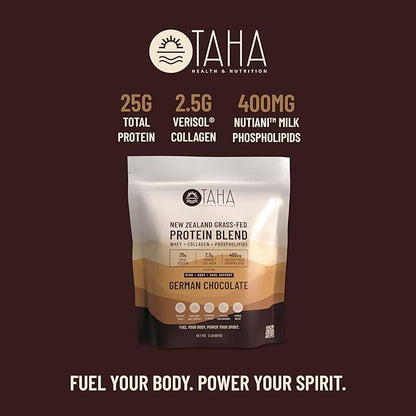 Taha Health & Nutrition Mind + Body Protein Blend ??German Chocolate | 25g Protein from Whey & Collagen + 400mg Milk Phospholipids | Grass-Fed, Free-Range New Zealand Dairy | 2LB