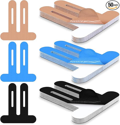 50 Pcs Precut Kinesiology Tape for Knees Pain Relief Elastic Waterproof Athletic Knee Tape for Support Stability Sports (Black,Blue,Skin Color)