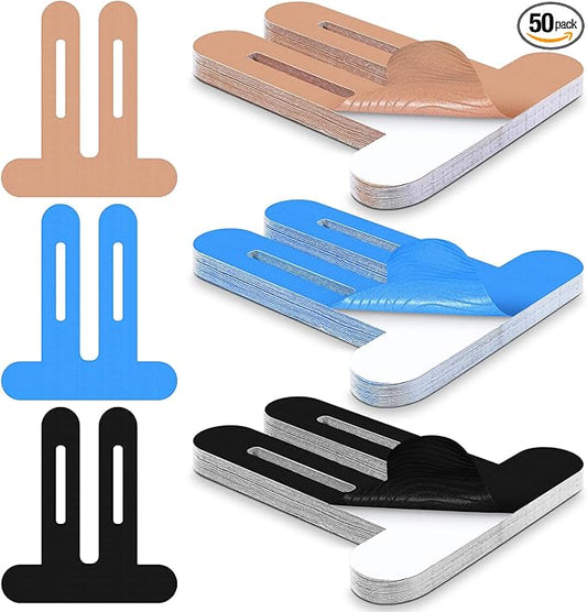 50 Pcs Precut Kinesiology Tape for Knees Pain Relief Elastic Waterproof Athletic Knee Tape for Support Stability Sports (Black,Blue,Skin Color)