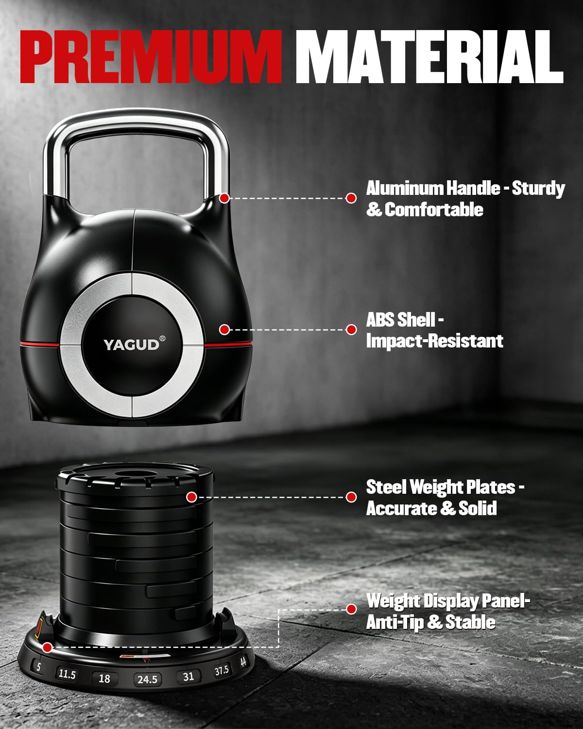 Yagud Adjustable Kettlebell for Strength Training, Quick-Change 5-44lbs Kettle Bells Weights Set
