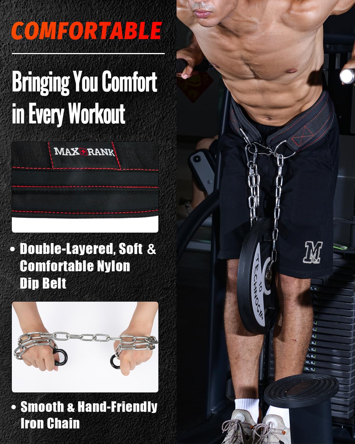 MAXRANK Dip Belt With 37" Chain for Weightlifting, 550LBS for Dips & Pullup