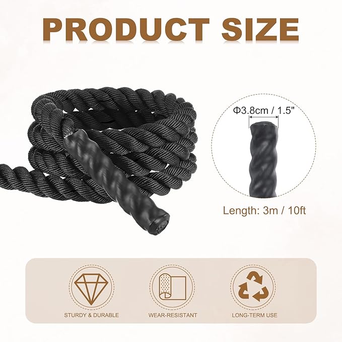 MECCANIXITY Battle Rope 10ft x 1.5 Inch Polyester Workout Rope Heavy Fitness Exercise Rope for Strength Training Home Gym Muscle Building, Black